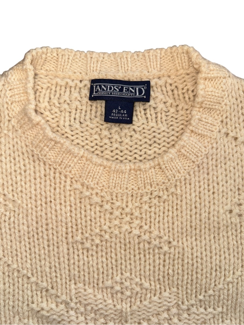 Vintage 80s Lands End Wool Fisherman Sweater Ivory Snowflake USA Large Chunky - Picture 7 of 15